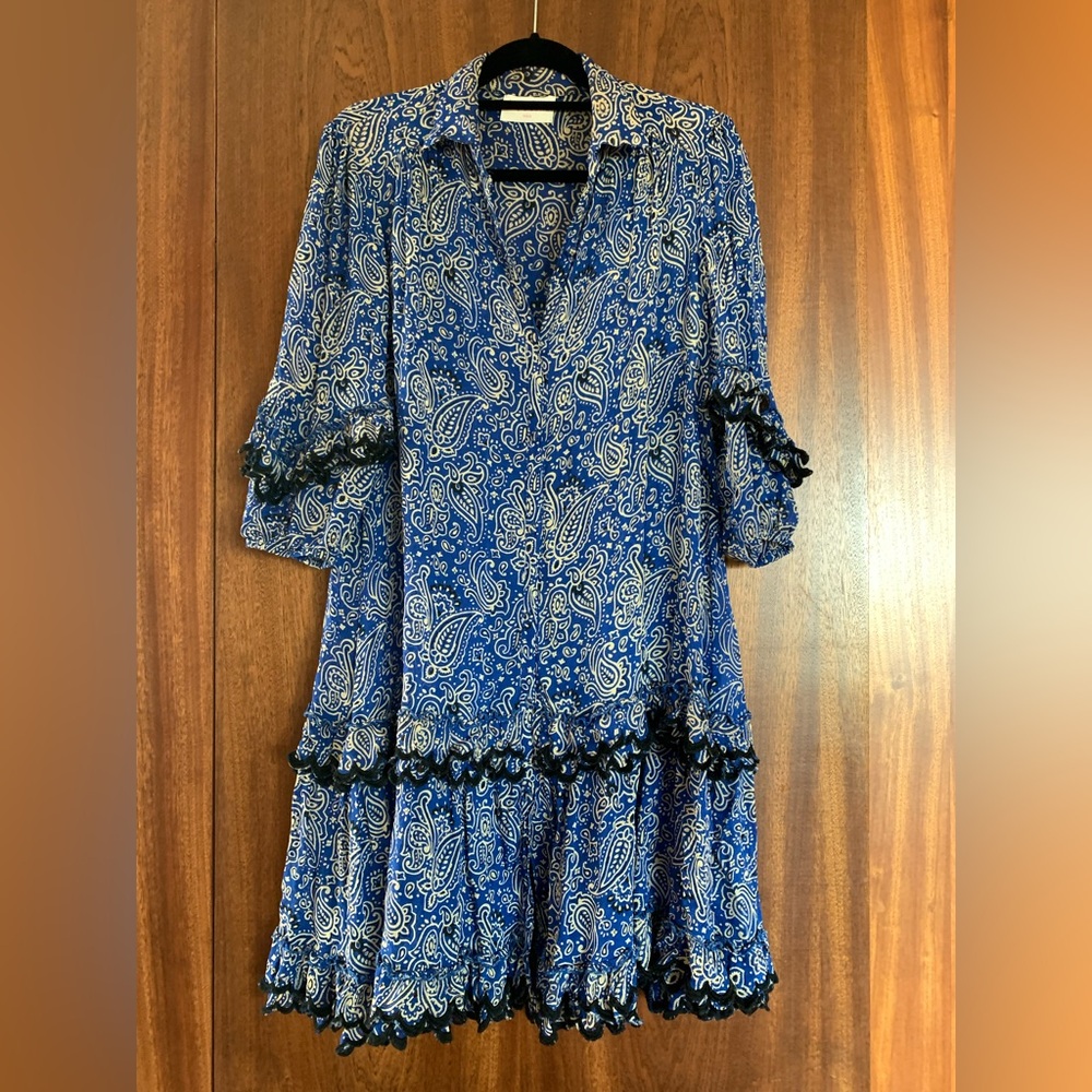 Miss June Paris Blue and White Paisley Long Sleeve Dress